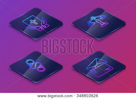 Set Isometric Line Oath On The Holy Bible, Handcuffs, Scales Of Justice And Envelope. Blue Square Bu