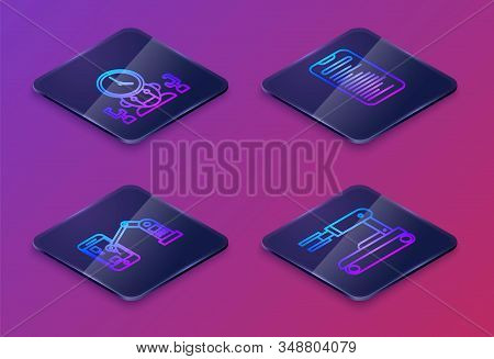 Set Isometric Line Robot And Digital Time Manager, Industrial Machine Robotic Robot Arm Hand, Comput