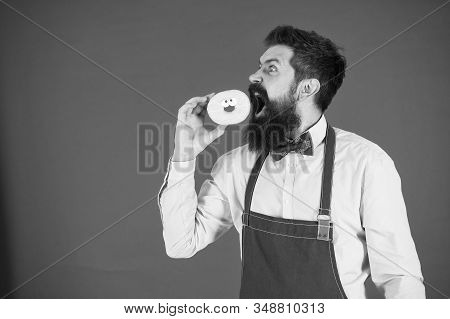 Chef Man In Cafe. Food Calorie. Bearded Man In Apron. Diet And Healthy Food. Baker Hold Donut. Funny