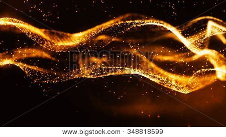 Digital Gold Color Particles Wave And Bokeh Abstract Background