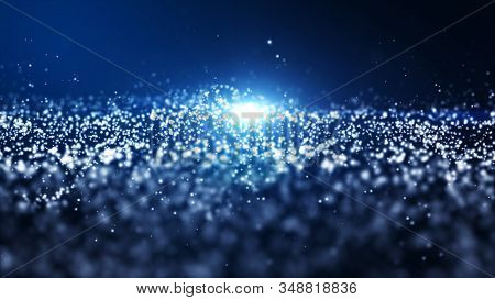 Abstract Blue Color Digital Particles Wave With Dust And Light Background