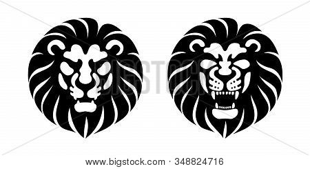 Lion Head Front View Black And White Logo Vector Design Template Icon Illustration. Eps10. Rgb Globa