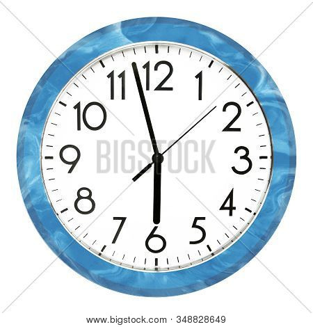 Blue Wall Clock. Isolated On White Background. High Quality Photo.