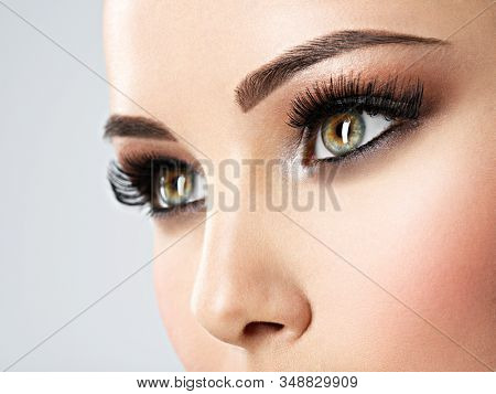 Beautiful  woman's eyes with brown eye makeup. Macro  image. Closeup face of a pretty girl