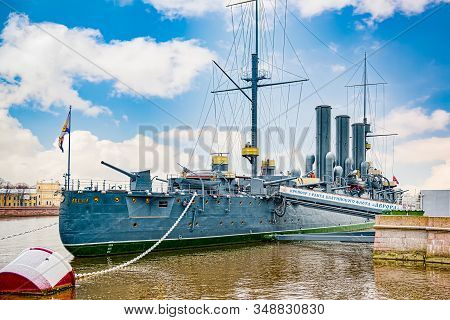Cruiser Avrora In The Neva River, City Saint Petersburg. Russia.