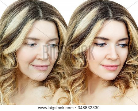 Comparison Portrait Of Adult Woman With And Without Makeup. Isolated On White.