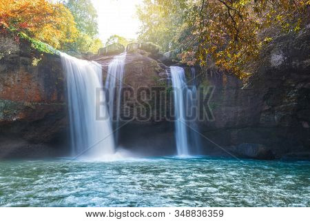 Beautiful Waterfall With Sunlight In Jungle, Haew Suwat Waterfall At Khao Yai Nakhonratchasima Provi