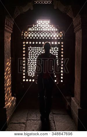 Woman Near Mosaic Window At Humayuns Tomb, Delhi, India