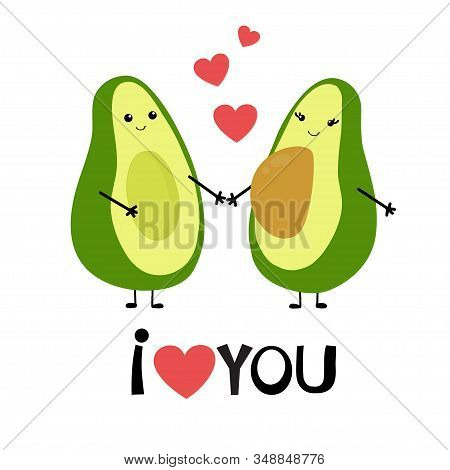 Cute Cartoon Avocado Couple Holding Hands, Valentines Day Greeting Card. Avocado Love With Hearts Ve