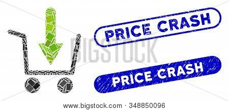 Mosaic Add To Basket And Grunge Stamp Seals With Price Crash Caption. Mosaic Vector Add To Basket Is