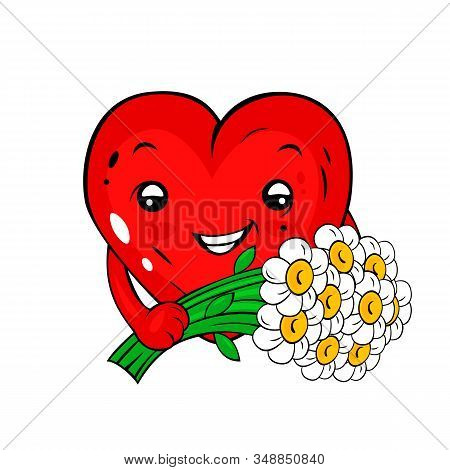 Cute Cartoon Heart With Daisy Flowers. Beautiful Character For Your St.valentines Day Design.