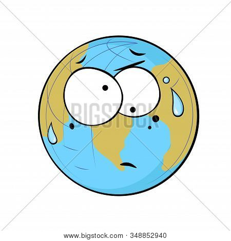 Cartoon Character Of Our Tired And Sad Planet Earth. A Conceptual Illustration About Ecological Prob