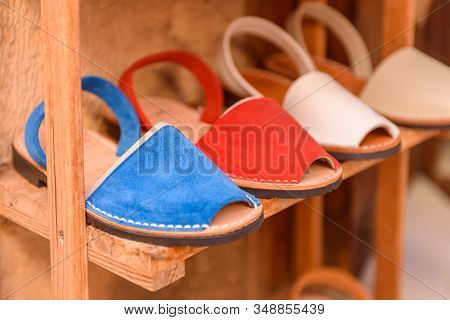 Menorca, Spain - October 14, 2019: Traditional Menorca Sandals (named Avarca) At The Local Store