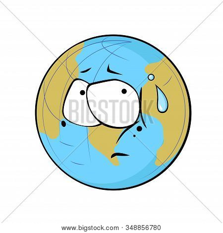 Cartoon Character Of Our Tired And Sad Planet Earth. A Conceptual Illustration About Ecological Prob
