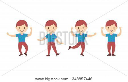 Happy Little Boy Dancing. Character Different Poses. Vector Clipart Diverse Set Isolated On White Ba