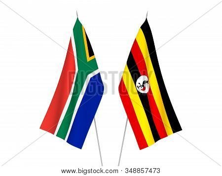 National Fabric Flags Of Republic Of South Africa And Uganda Isolated On White Background. 3d Render