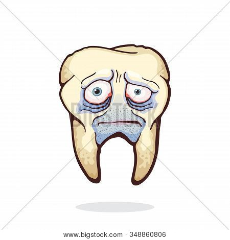 Vector Illustration. Old Unhealthy Sad Human Tooth With Caries Red Eyes And Bristles. Symbol Of Soma