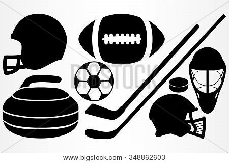 Set Of Sports Equipment. Hockey And Rugby Helmets, Hockey Sticks, Puck And Rugby Ball. Vector Illust