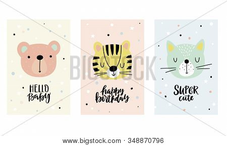 Cute Collection Of Cards With Funny Animals For Baby Shower, Birthday Card, Kids And Baby T-shirts. 