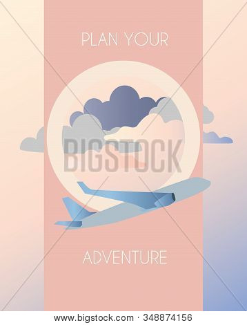 Traveling By Plane, Flight. Pink Pre-sunset Clouds In The Porthole Of An Airplane. Vector Illustrati