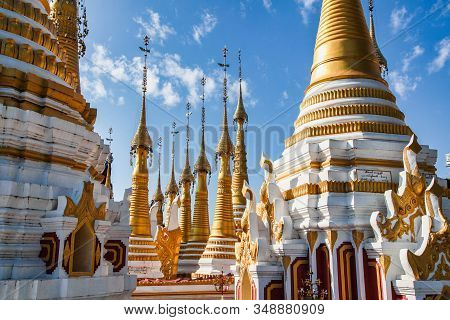 Padogas Of Buddhist Monastery, Inle Lake, Shan State Of Myanmar Former Burma In Asia