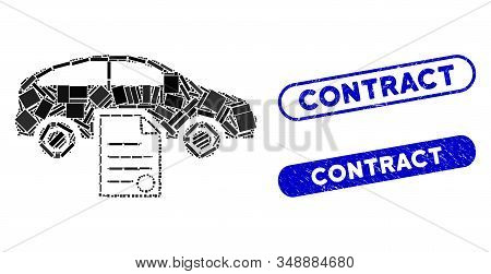 Mosaic Car Sale Contract And Corroded Stamp Seals With Contract Text. Mosaic Vector Car Sale Contrac