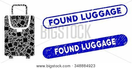 Collage Carryon Bag And Distressed Stamp Seals With Found Luggage Phrase. Mosaic Vector Carryon Bag 