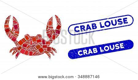 Mosaic Crab And Grunge Stamp Seals With Crab Louse Phrase. Mosaic Vector Crab Is Formed With Randomi