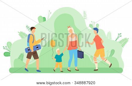 People Walking Together. Woman And Daughter With Orange Balloon In Hand. Man Running On Pathway. Tee