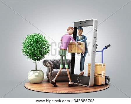 Fast Delivery Concept The Courier Transmits The Parcel To The Addressee Through The Screen Of The Sm