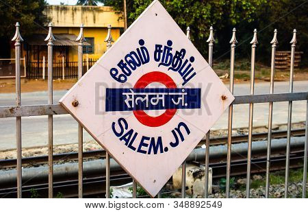 Salem, Tamil Nadu / India - 28 January 2020: Sign Board In Railway Station Indicating Salem Junction