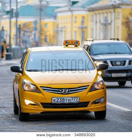 Mosocw, Russia - January, 26, 2020: the image of the taxi on Mosocw street