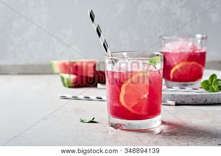 Summer Refreshing Watermelon Cocktail Agua Fresca With Mint And Lemon.