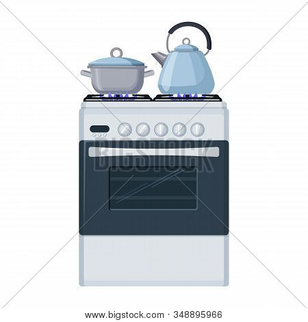 Gas Stove With Pan And Kittle. Home Kitchen Food Cooking Vector Illustration.