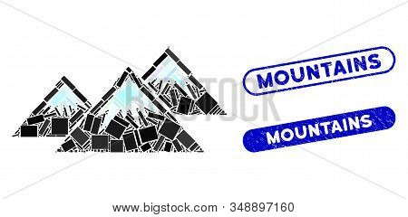 Mosaic Icecap Mountains And Distressed Stamp Watermarks With Mountains Text. Mosaic Vector Icecap Mo