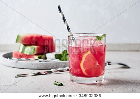 Summer Refreshing Watermelon Cocktail Agua Fresca With Mint And Lemon.