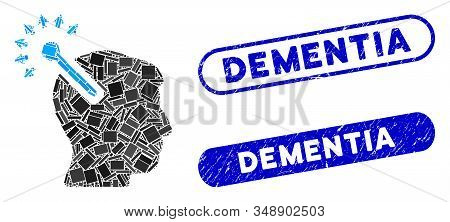 Mosaic Optical Neural Interface And Corroded Stamp Seals With Dementia Text. Mosaic Vector Optical N