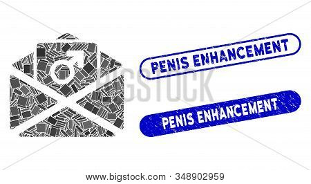 Mosaic Penis Enhancement Spam And Distressed Stamp Seals With Penis Enhancement Text. Mosaic Vector 