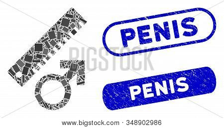 Mosaic Penis Measure And Grunge Stamp Seals With Penis Caption. Mosaic Vector Penis Measure Is Creat