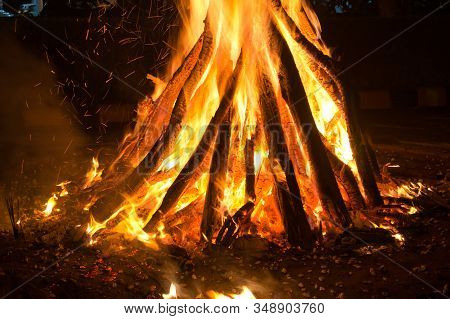 Giant Bon Fire Lit For The Festival Of Lohri