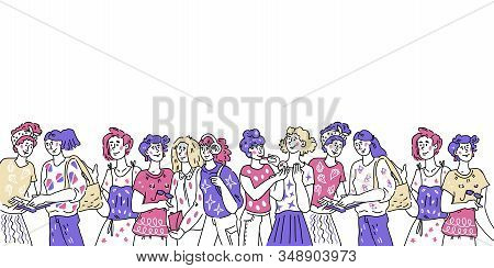 Banner With Group Of Diverse Women Cartoon Characters And Copy Space For Text.