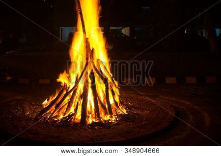 Giant Bon Fire Lit For The Festival Of Lohri