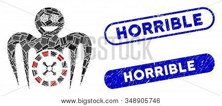 Mosaic Roulette Mad Monster And Distressed Stamp Seals With Horrible Caption. Mosaic Vector Roulette
