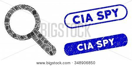 Mosaic Search Tool And Grunge Stamp Seals With Cia Spy Text. Mosaic Vector Search Tool Is Designed W