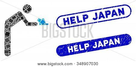 Mosaic Servant Person And Corroded Stamp Seals With Help Japan Phrase. Mosaic Vector Servant Person 