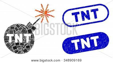 Mosaic Tnt Bomb And Distressed Stamp Seals With Tnt Text. Mosaic Vector Tnt Bomb Is Designed With Ra