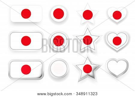 Set Of Vector Labels Of Japan - Flag Button, Round Button, Star And Heart Sign Of Love In Flag Color