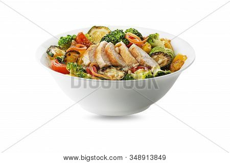 Healthy Chicken Meal With Grilled Chicken And Vegetables Isolated On White Background. Healthy Lunch