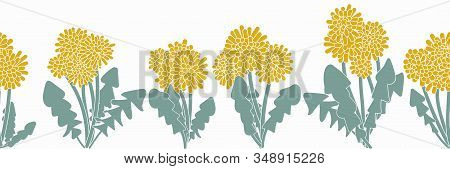 Groups Of Blooming Dandelions Flowers Seamless Vector Horizonatal Border. Wild Flowers Themed Surfac