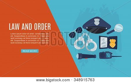 Police Items Law And Order Web Banner Vector Illustration With Policeman Cap, Handcuffs, Glasses And